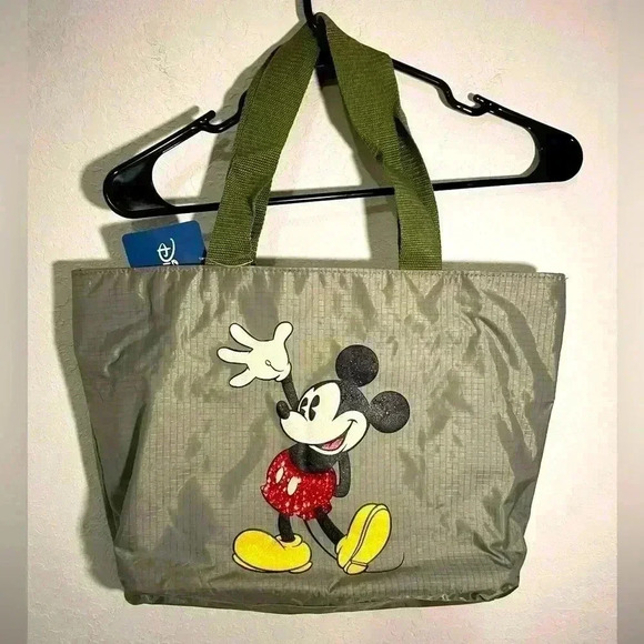 Disney Animations Army Green Tote Bag NWT Classic Glitter Sequin Mickey Mouse - Picture 1 of 9